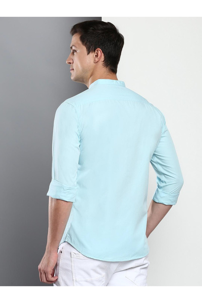 Dennis Lingo By Styli Men Turquoise Stand Collar Cotton Shirt