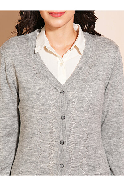 Globus By Styli Women Grey Ribbed Hem Cardigan Sweater