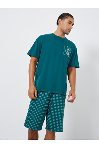 Styli Men Teal Checked Relaxed Fit T-Shirt and Shorts Set
