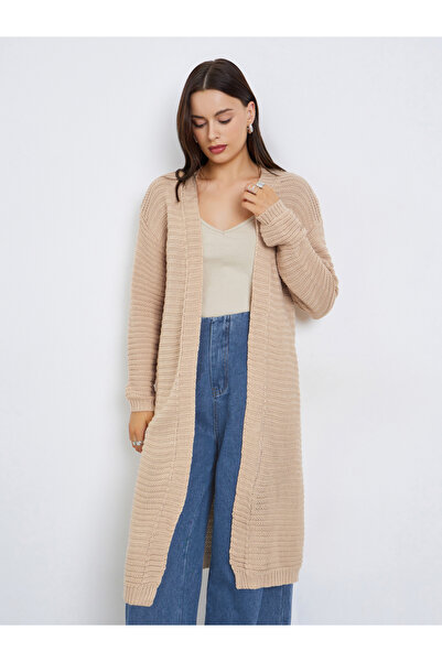Styli Beige Textured Knit Midi Cardigan