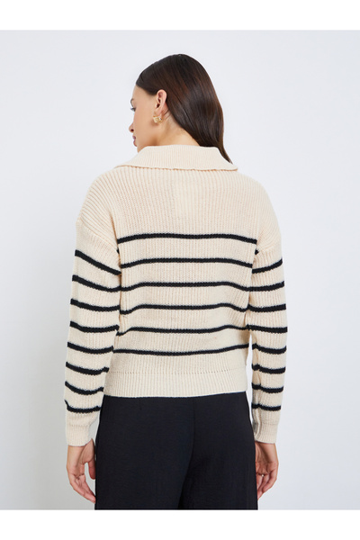 Styli Beige Striped Zip-Up Short Length Sweater