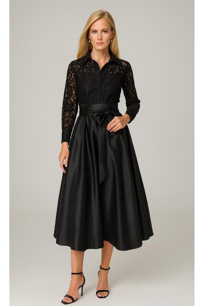 ALYEL NAKER Kuşaklı Midi Boy Şık Siyah Dantel Gömlek Elbise