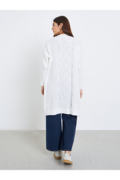 Take Two By Styli White Front Open Knit Midi Cardigan