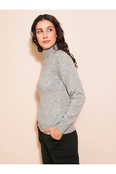 Globus By Styli Women Grey Melange Turtle Neck Sweater