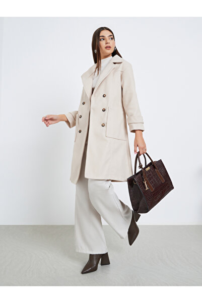 Take Two By Styli Beige Double Breasted Wool Like Coat with Pocket Detail