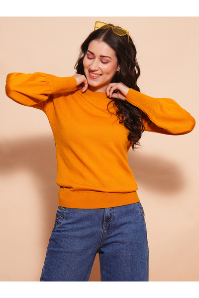 Globus By Styli Women Mustard Cotton Ribbed Sweater