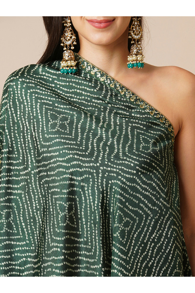 Globus By Styli Bandhani Print One Shoulder Tunic and Georgette Skirt Fusion Co-Ords