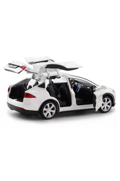 OEM Metal mechanical toy car Tesla 3V, 1:28 scale, opening doors/hood/trunk, white, 15 cm