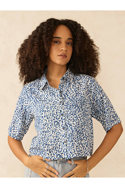 Outzidr By Styli Blue All Over Print Crop Shirt