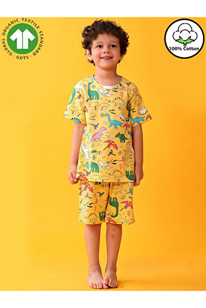 Anthrilo By Styli Kids Yellow Dinosaur Print Cotton T-Shirt and Shorts Set