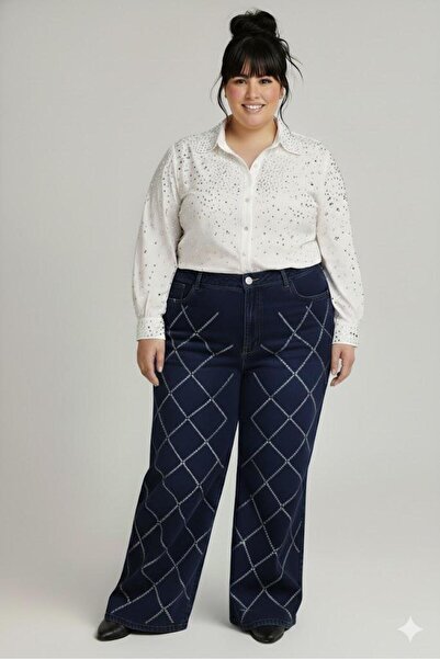 ELONİ Plus Size Jeans - High Waist Stretchy Wide Leg Diamond Pattern Stone Jeans