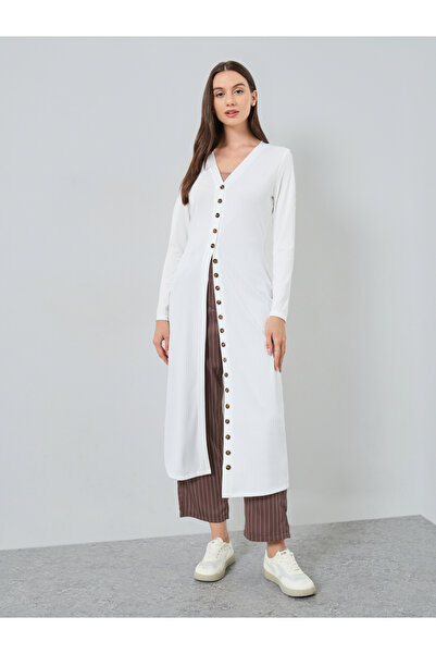 Take Two By Styli White Knitted Cardigan with Button Placket