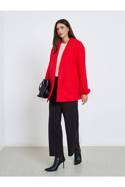 Take Two By Styli Red Longline Wrap Coat with Faux Fur Trim
