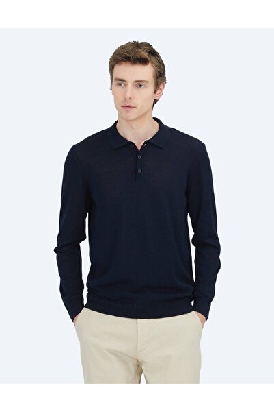 Kip Navy Blue Polo Neck Plain Knit Wool Blended Sweater