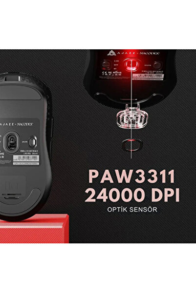 Coverzone Ajazz AJ199 Ultra Hafif Kablosuz Gaming Mouse – 58g, 12000 DPI, 3 Mod, Karbon Fiber Kabuk