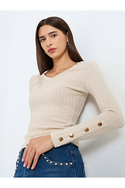 Take Two By Styli Solid V-Neck Button Detail Ribbed Top