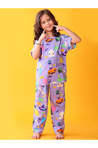 Anthrilo By Styli Girls Halloween Print Cotton T-Shirt and Pants Set