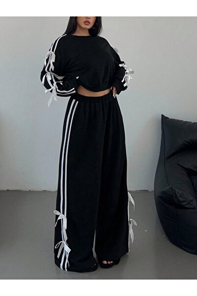 Take Two By Styli Side Striped Bow Detail Sweatshirt and Wide Pants Co-Ords