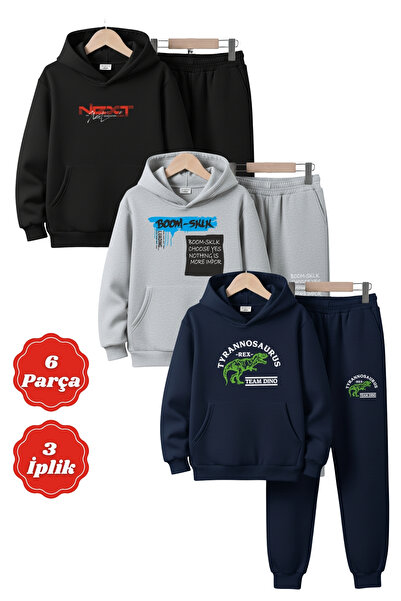 FYK KİDS Σετ αθλητικής φόρμας για αγόρια 3 νήματα K με κουκούλα Kangaroo Pocket Ş επένδυση fleece Winter Print Λεπτομερής στολή 6 τεμαχίων