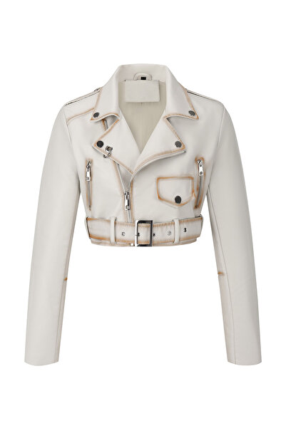Take Two By Styli White Cropped Biker Jacket with Belt