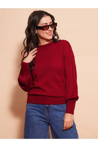 Globus By Styli Women Maroon Cotton Ribbed Sweater