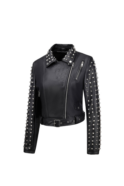 Take Two By Styli Black Studded Crop Biker Jacket