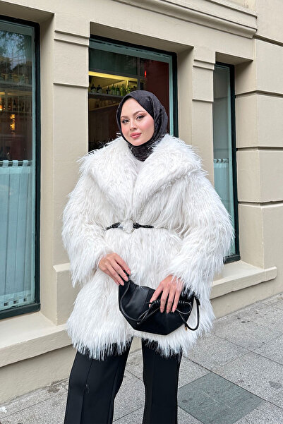 LOCCO Γυναικείο παλτό με λεπτομέρεια με ζώνη δαχτυλίδι εκρού