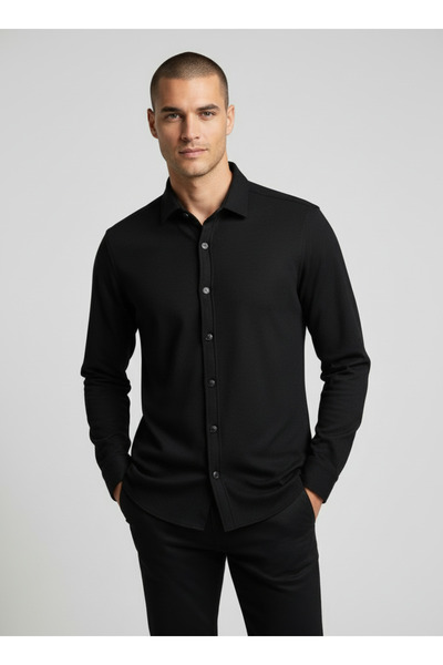 ASSENTE Men's Collared Buttoned Knitted Top Size Lycra Slim Fit Shirt