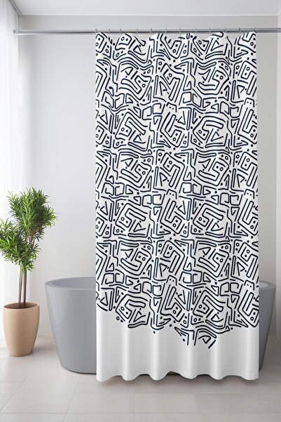 Moud's ستارة حمام، ستارة دش منقوشة بطبعات زرقاء، ستارة حوض استحمام، مع حلقة ه...