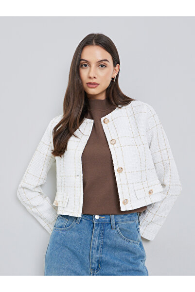 Take Two By Styli White Tweed Button Front Jacket