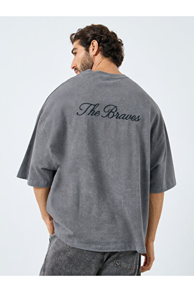 Styli Men Grey Acid Wash Boxy Fit Embroidered T-Shirt