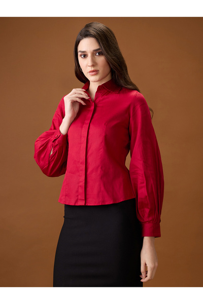 Globus By Styli Maroon Balloon Sleeve Buttoned Shirt