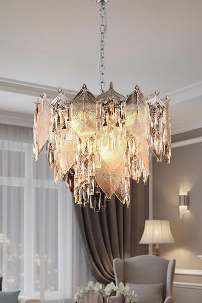 Ünal Aydınlatma Yaprak Krom 80 cm Kristal Yaprak Detaylı Modern Avize – Salon...