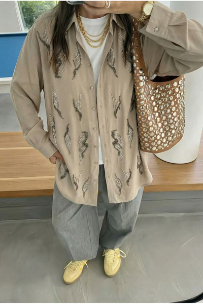 FEMELLE Beige Oversized Shirt with Bead Embroidery (Compatible with Size 48 and Below)