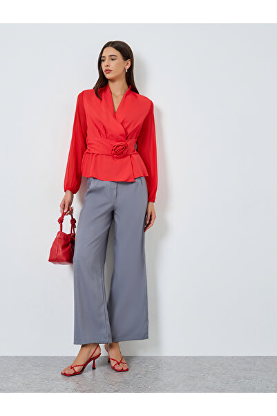 Take Two By Styli Solid Belted Flower Detail Balloon Sleeve Top