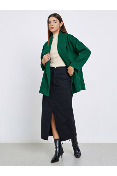 Take Two By Styli Dark Green Wool Like Belted Wrap Coat
