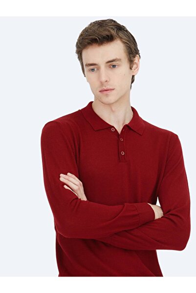 Kip Red Polo Neck Plain Knit Wool Blended Sweater