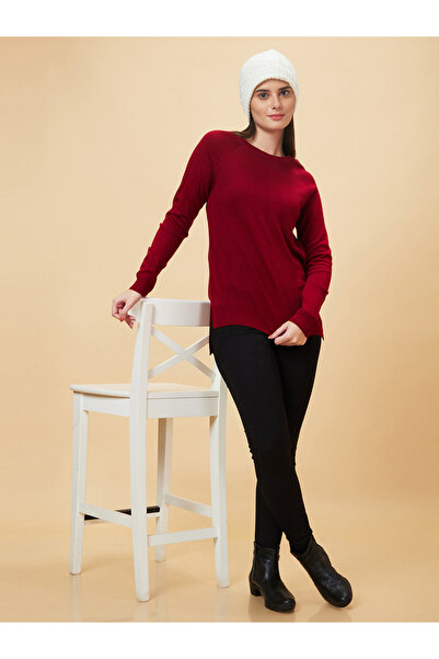 Globus By Styli Women Red Ribbed Hem Acrylic Sweater