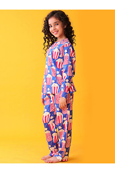 Anthrilo By Styli Girls Blue Popcorn Print Cotton T-Shirt and Pants Set