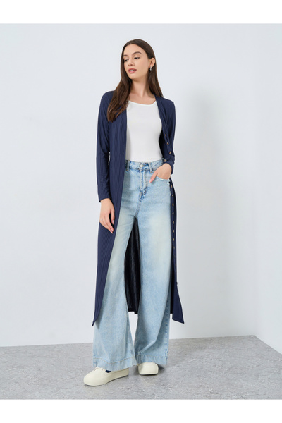 Take Two By Styli Navy Blue Knitted Cardigan with Button Placket