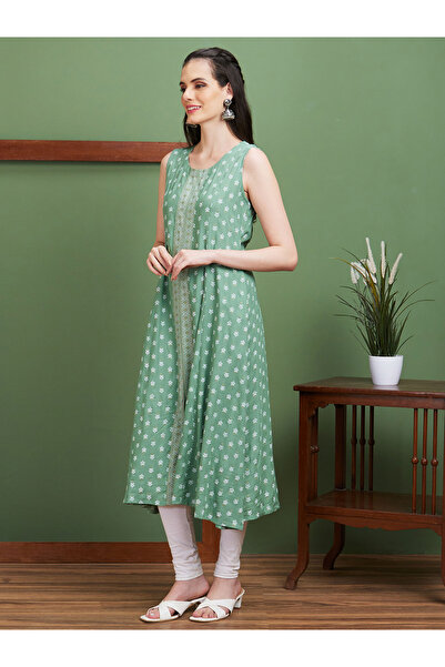 Globus By Styli Floral Print Front Slit Flared Hem Paneled A-Line Kurta