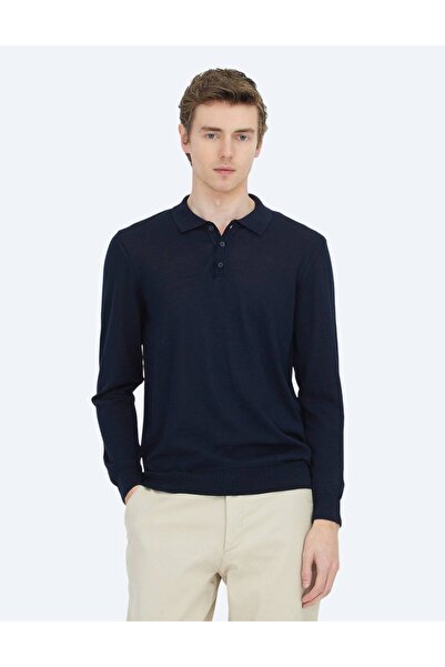Kip Navy Blue Polo Neck Plain Knit Wool Blended Sweater