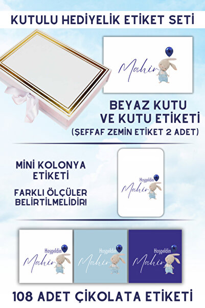 Netsan Etiket Erkek Tavşan Desen Hediyelik Etiket Seti - Kutu, Çikolata Etike...