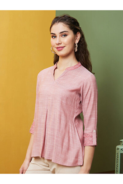Globus By Styli Embroidered Mandarin Collar Flared Hem Tunic