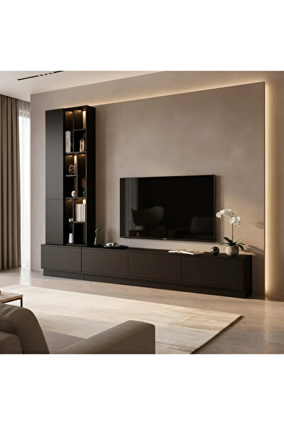 Stylish Home TV stand with side unit and lighting – Luxury black color – Model 61