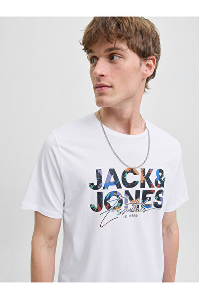 Jack & Jones Men White Graphic Logo Crew Neck T-Shirt