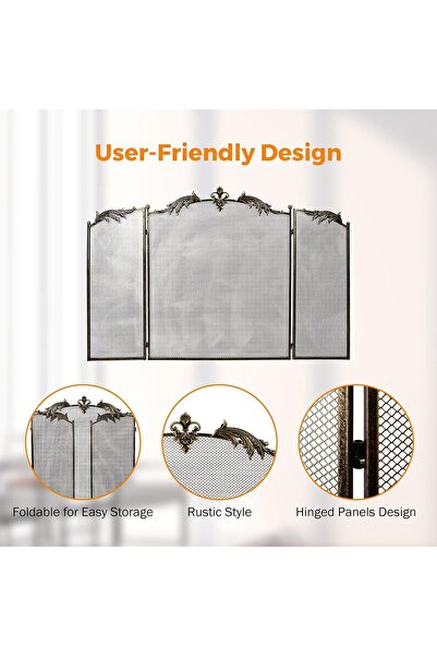 SOMINECO Metal Antik Gold Katlanabilir 3 Panel Şömine Siperlik 128x82 cm Kıvılcım Önleyici - Ateş Kalkanı