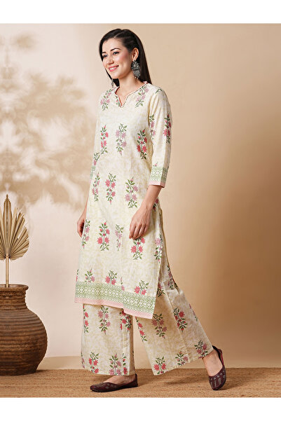 Globus By Styli Off-White All-Over Floral Print Straight Kurta with Palazzos Workwear Set