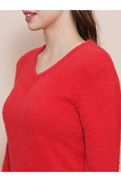 Globus By Styli Women Red V-Neck Knitted Ribbed Sweater
