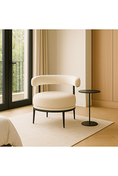 Ebticar Beige Linen Fabric Lounge Chair – Open Curved Contemporary Design